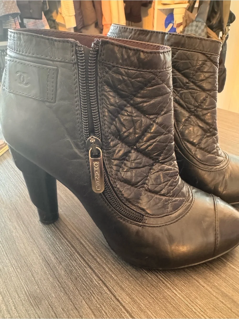 CHANEL Black Quilted Leather Ankle Booties with Side Zip